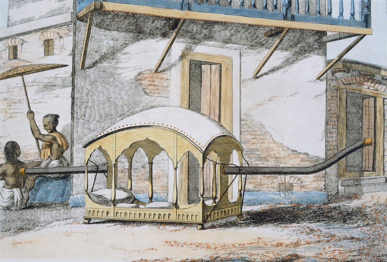 Majanah，或覆盖斜倚的轿子，来自“印度教的礼仪，风俗和礼服”，1799年（彩色蚀刻） 作者 弗朗兹·巴尔萨扎（Franz Balthazar）Solvyns