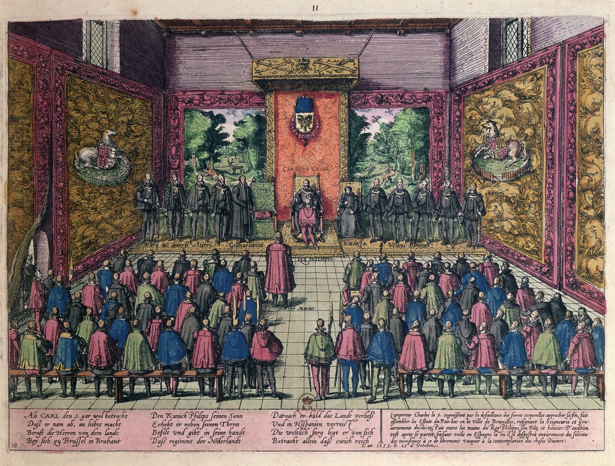 1555年10月25日，皇帝查理五世（1500-58）宣布他的儿子和继承人菲利普二世（1527-98）在低地国家放弃他的权力于1555年10月25日在布鲁塞尔法院（彩色英格兰） 作者 弗朗兹·霍根伯格
