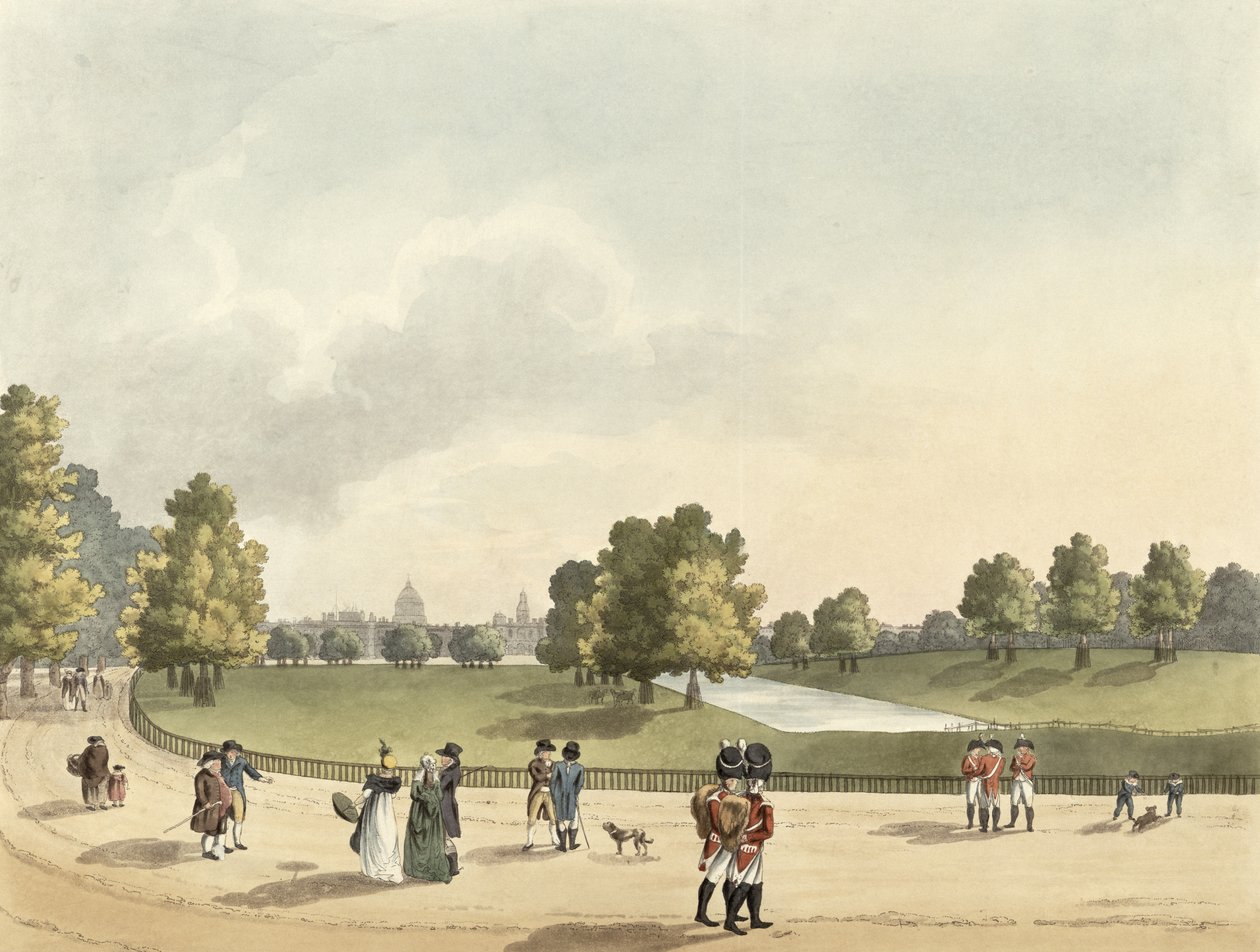 圣詹姆斯的骑兵卫队和圣保罗公园的景观，取自白金汉宫，由Heinrich Joseph Schutz（1760-1822），酒吧刻。由Ackermann画廊，1809年（aquatint） 作者 弗朗兹·约瑟夫·曼斯基希