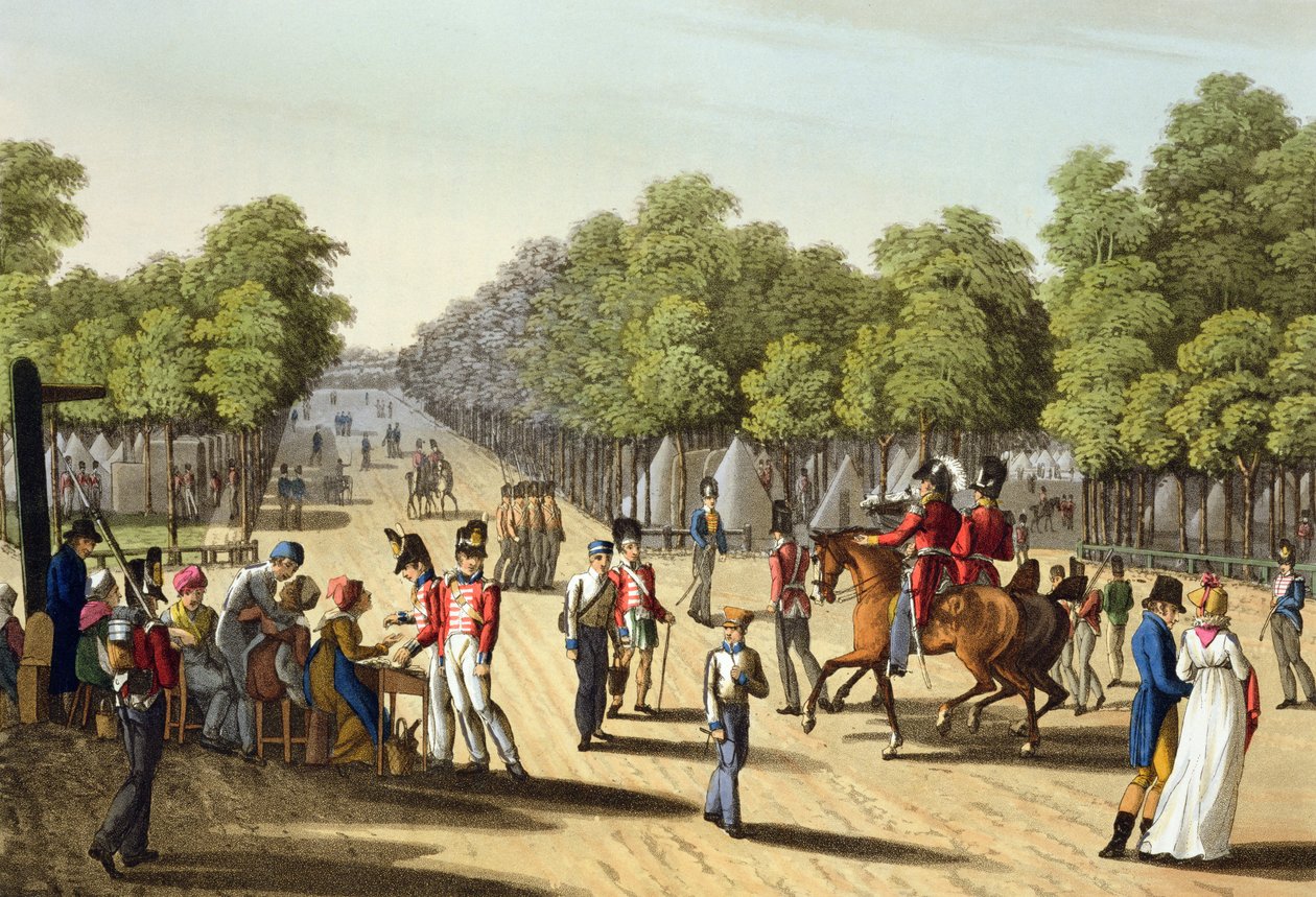 英国军队于1815年在布洛涅森林（Bois de Boulogne）建造，由马修·杜布尔（Matthew Dubourg）（18,18-20）从“历史，军事和海军轶事”酒吧中镌刻。作者：Edward Orme（1774-c.1820）1817（aquatint） 作者 弗朗兹·约瑟夫·曼斯基希