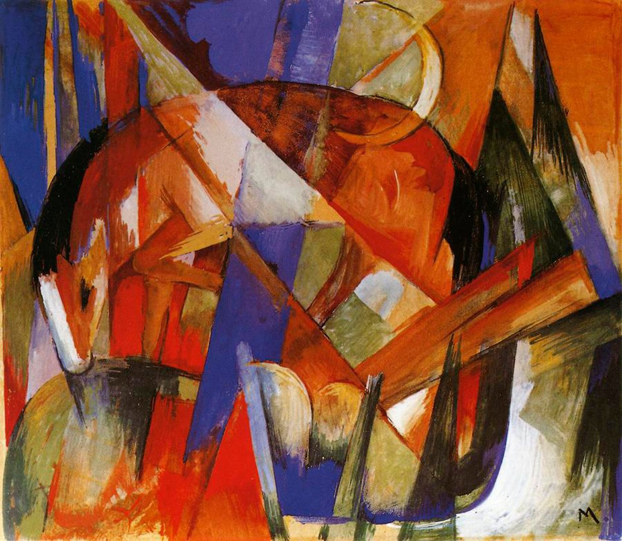 神话般的野兽II，1913年（船上的蛋彩画） 作者 弗朗兹·马克（Franz Marc）