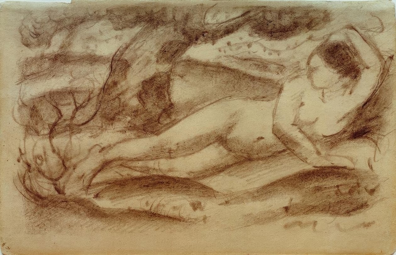 躺在风景中的女性裸体 作者 弗朗兹·马克（Franz Marc）