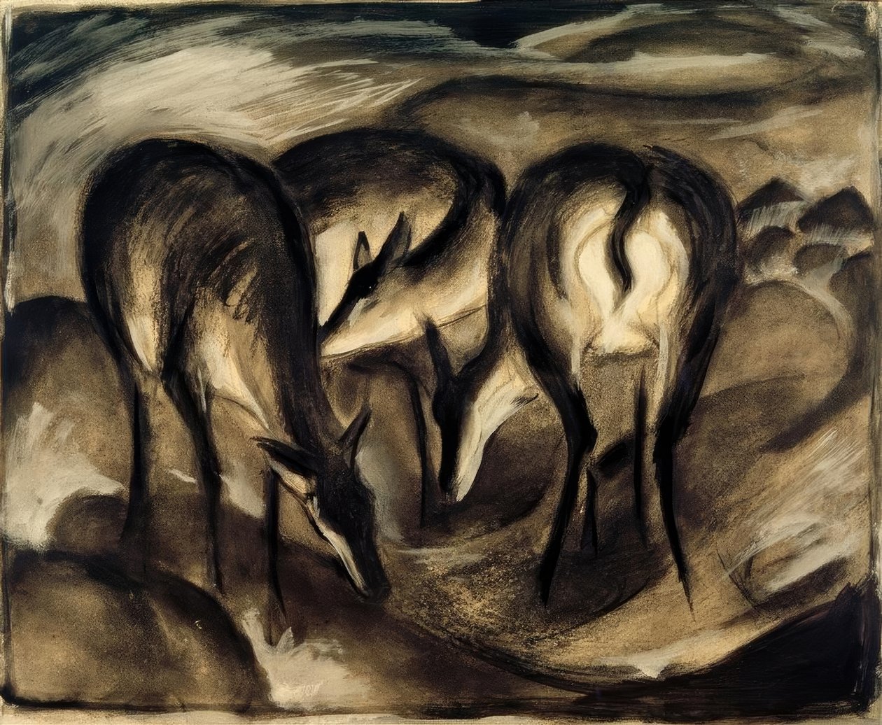 春天的鹿（三鹿） 作者 弗朗兹·马克（Franz Marc）