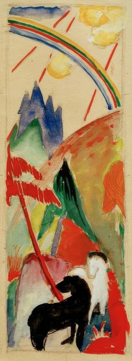 黑色和白色马在山地景观与rainbo 作者 弗朗兹·马克（Franz Marc）