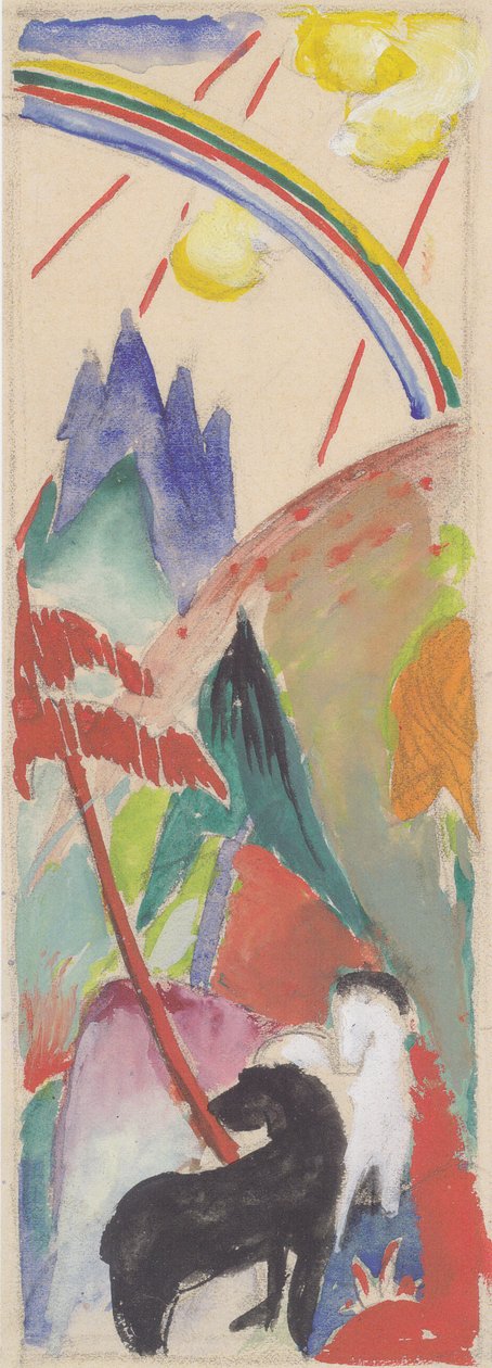 在山风景的黑白马与彩虹 作者 弗朗兹·马克（Franz Marc）