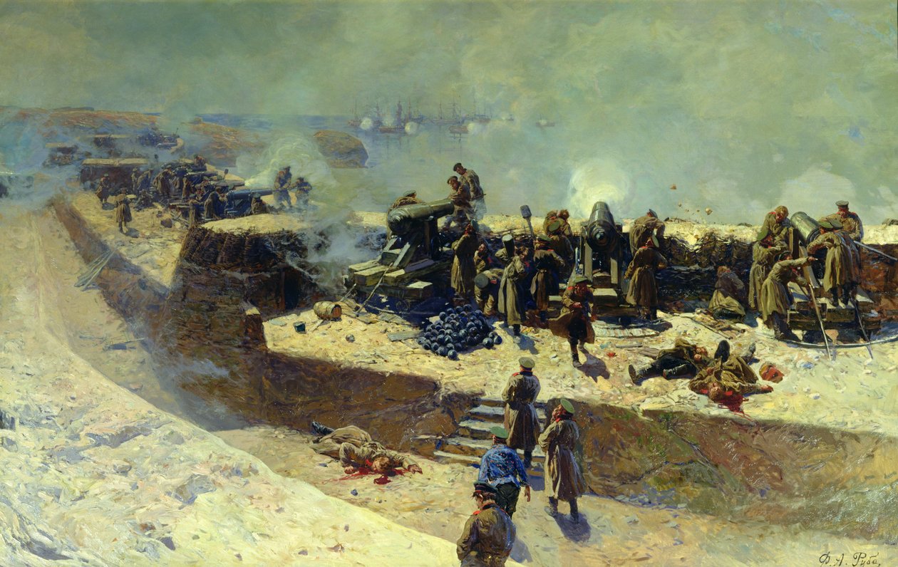 1905年10月5日，亚历山大电池攻击英法舰队 作者 弗朗兹·鲁博（Franz Roubaud）