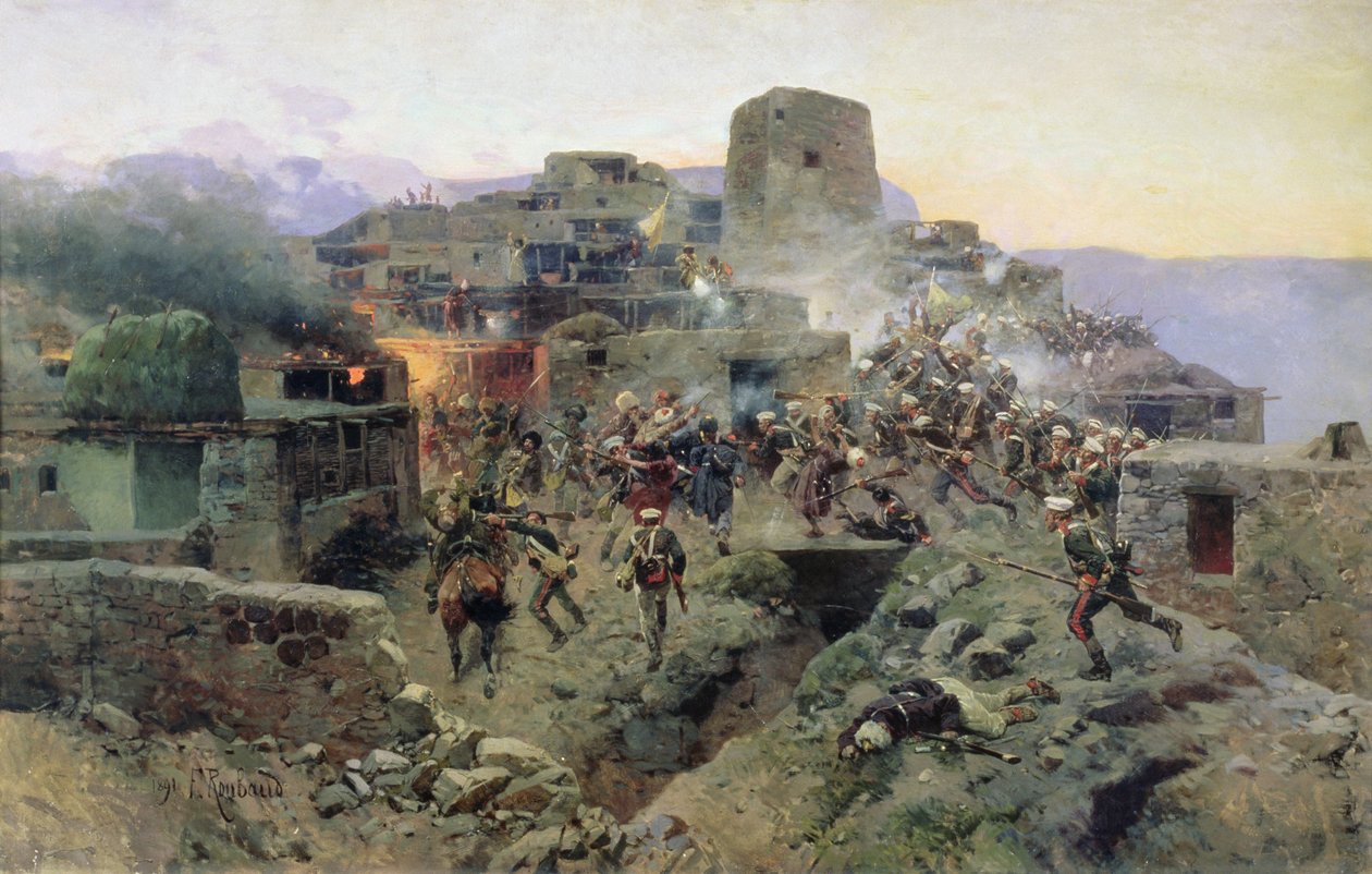Aul Gimry的捕获，1832年10月17日，1891年 作者 弗朗兹·鲁博（Franz Roubaud）