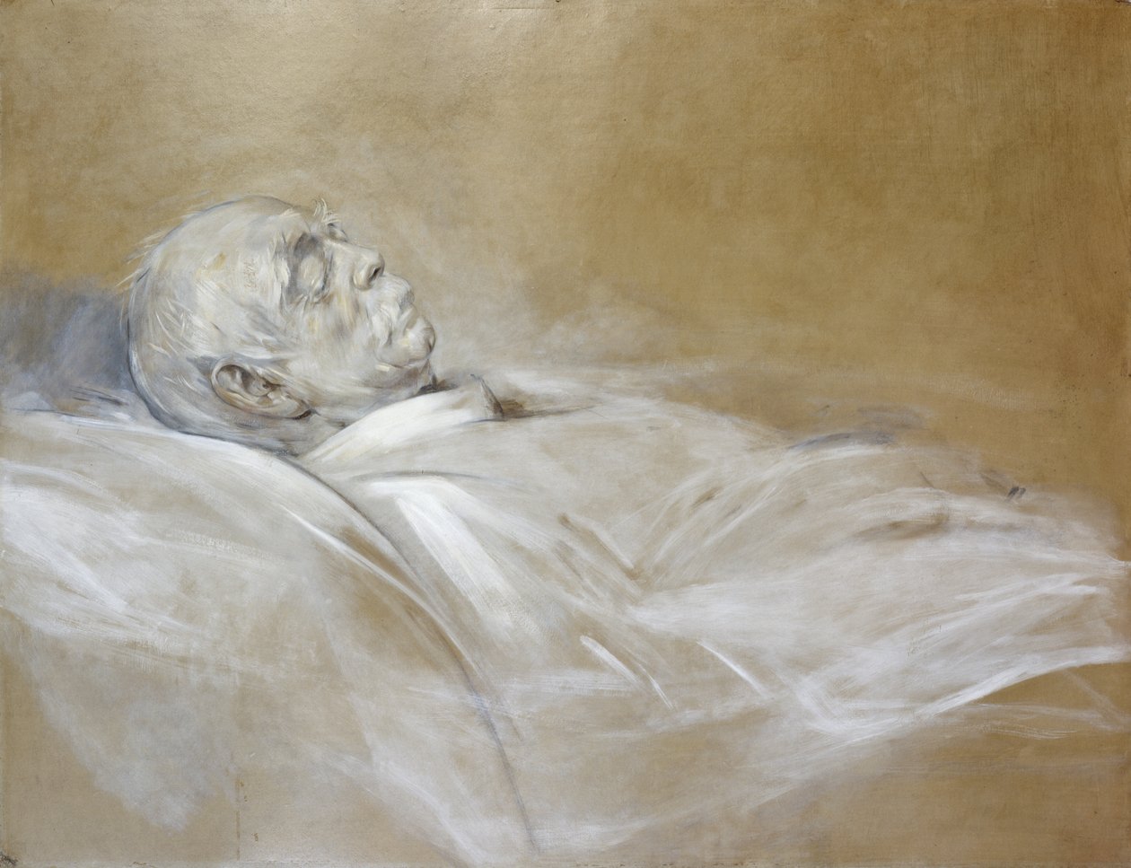 奥托·冯·俾斯麦王子在他的死亡床上，1898年（粉笔在纸上） 作者 弗朗兹·塞拉夫·冯·伦巴赫