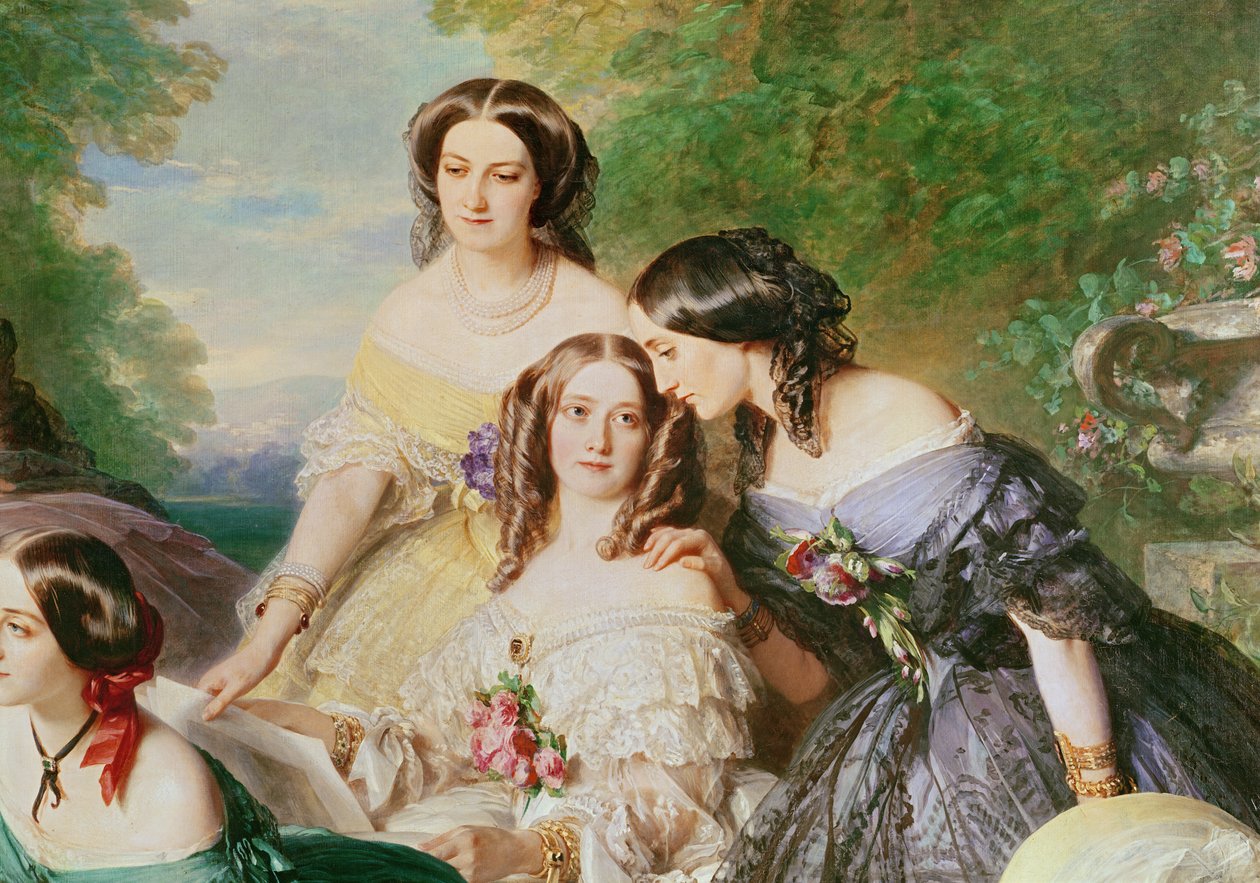 女皇Eugenie 1826-1920和她的女士们在等待，Baronne de Malaret，Nathaie de Segur黄色连衣裙，Marquise de las Marismas白色连衣裙和Marquise de La Tour Maubourg和Marqu 作者 弗朗茨泽维尔温特哈尔特