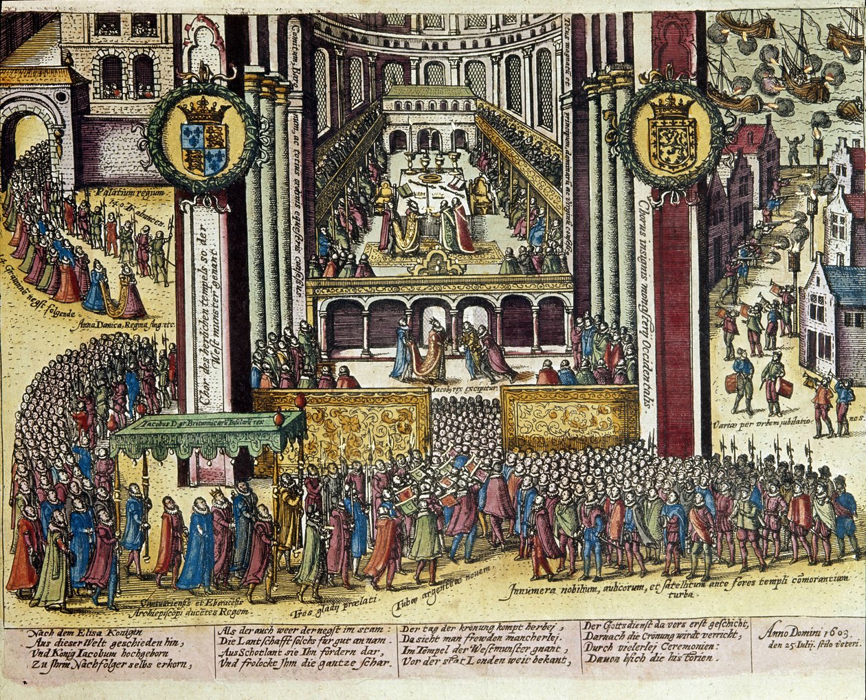 1603 年 7 月 25 日，英国国王詹姆斯一世（1566-1625 年）在威斯敏斯特大教堂加冕。1653 弗朗茨-霍根伯格（1535-1590 年）的版画，巴黎 B.N. 版画柜。 作者 弗朗兹·霍根伯格（后）