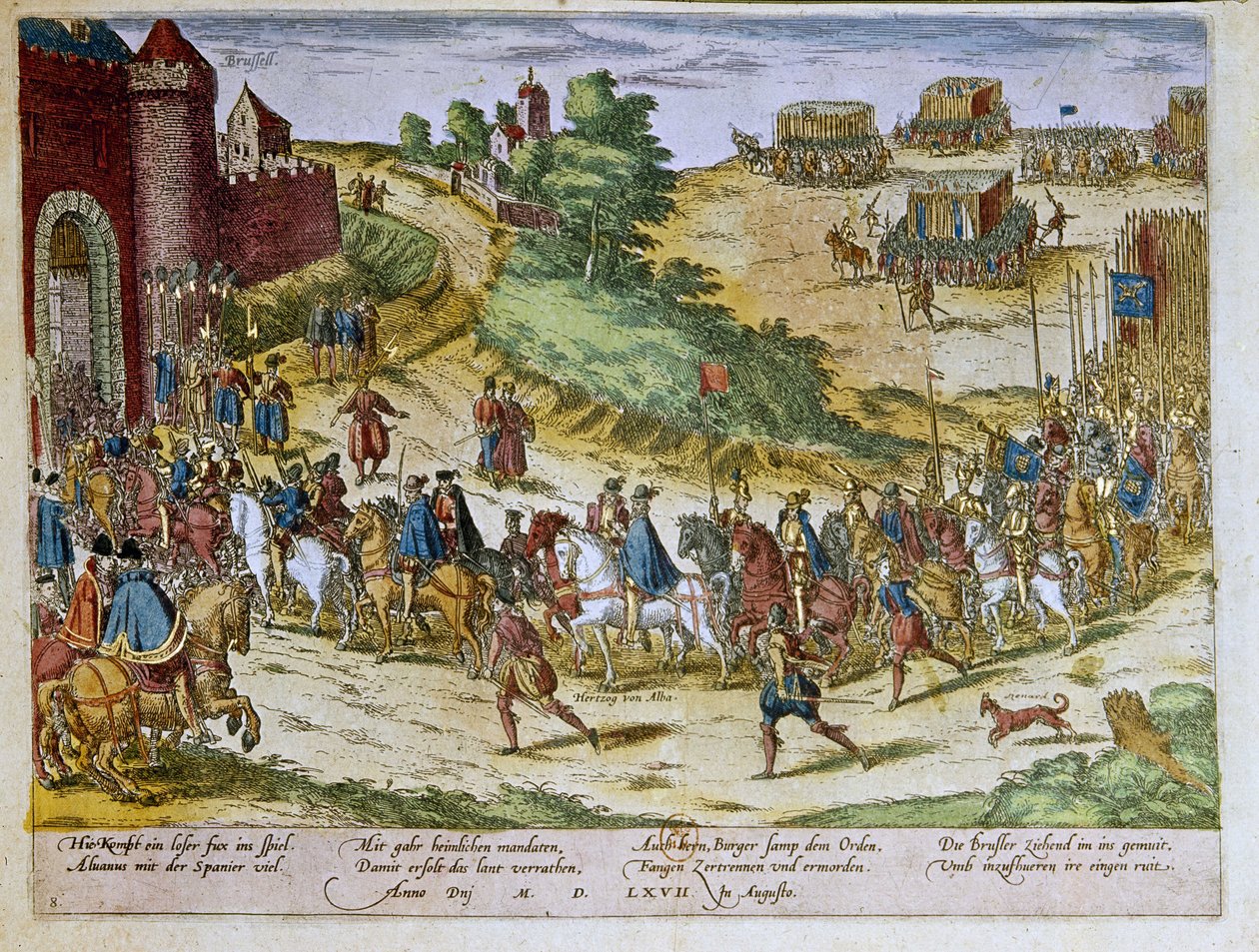 1567 年 8 月 8 日，托莱多公爵费迪南德-阿尔瓦雷或费尔南多-阿尔瓦雷斯-托莱多-皮门特尔（1508-1582 年），阿尔瓦-德-托尔梅斯第三公爵，随西班牙军队进入布鲁塞尔。1653 弗朗茨-霍根贝格（1535-1590 年）的版画，巴黎 B.N. 版画柜。 作者 弗朗兹·霍根伯格（后）