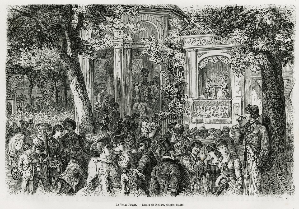 The Volks Prater: popular part of the main prater, offering numerous distractions, circus, orchestra and puppet show. Engraving by Kollarz, to illustrate the story Vienna and its suburbs, by M. Newlinski, in 1881, published in the Tour du monde, under the  作者 弗朗兹（后）科尔拉斯
