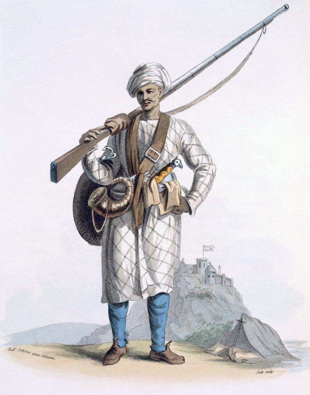 来自E. Orme的“印度服饰”，1804年（彩色蚀刻）的Behaleea或印度士兵 作者 弗朗兹·巴尔萨扎（Franz Balthazar）Solvyns