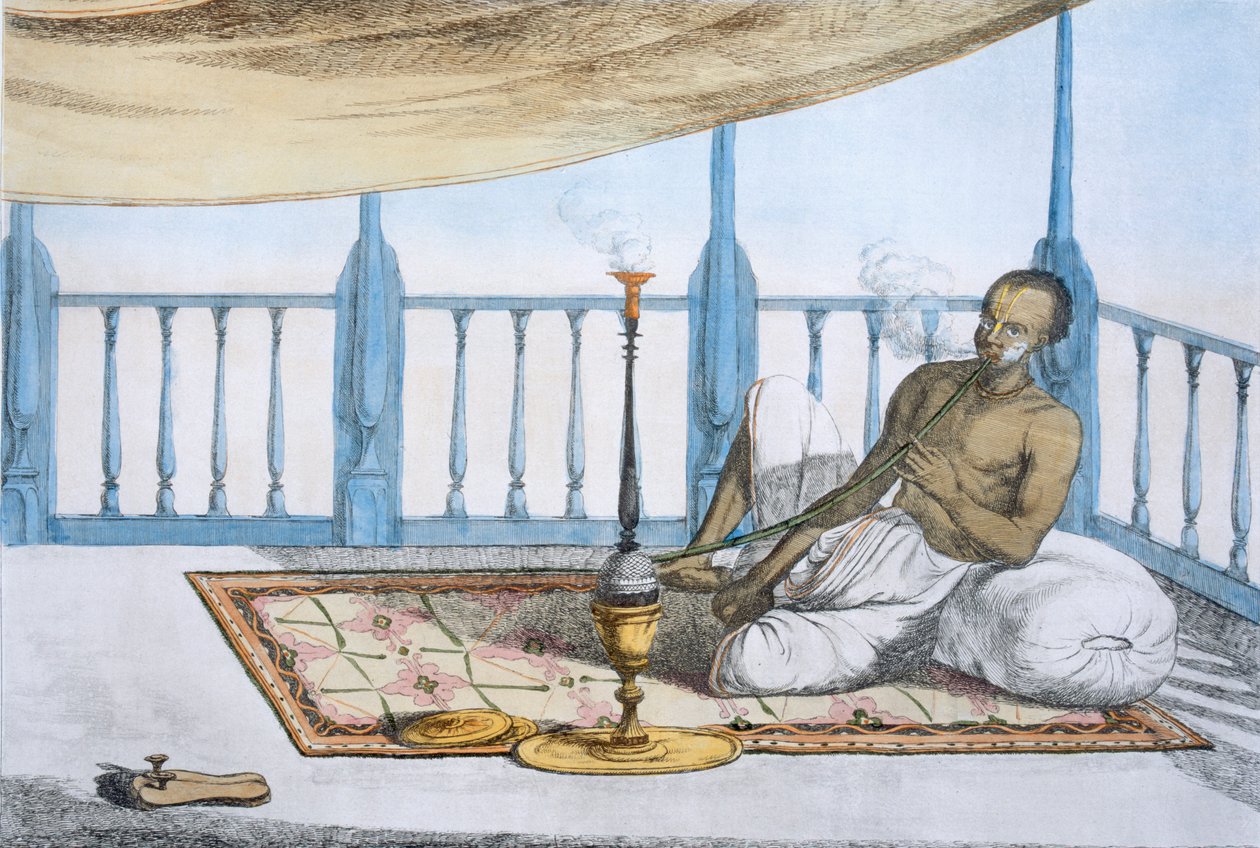 男子吸食大麻或鸦片的水烟，酒吧。1808-12. 作者 弗朗兹·巴尔萨扎（Franz Balthazar）Solvyns