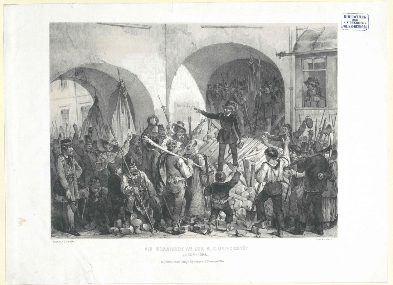 K. K. 大学街垒，1848 年 5 月 26 日（石版画1848 年 5 月（石版画） 作者 弗朗兹·格拉施（Franz Gerasch）