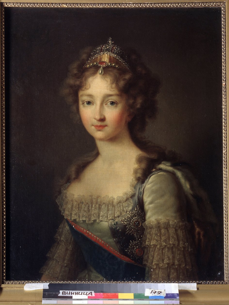 伊丽莎白-阿列克谢耶夫娜皇后，巴登公主路易丝-奥古斯塔（1779-1826 年）的肖像。她头戴珍珠冠冕（巴登公主路易丝-奥古斯塔-伊丽莎白-阿列克谢耶夫娜皇后肖像）。沙皇亚历山大一世-帕夫洛维奇（1777-1825 年）的妻子。绘画 作者 弗朗兹·格哈德·冯·库格根