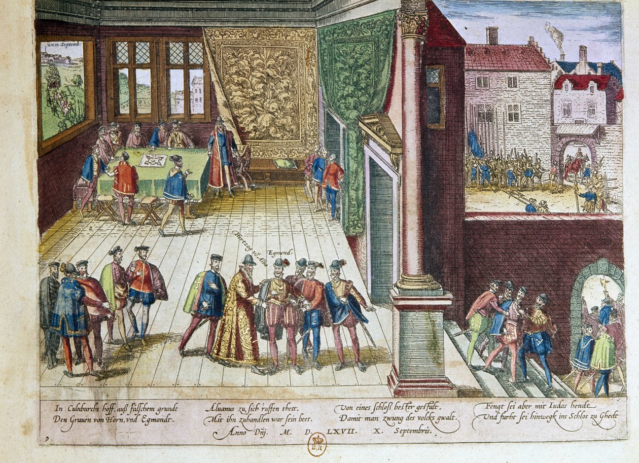 埃格蒙特伯爵拉莫尔（1522-1568）和霍恩（Hoorn）伯爵菲利普-德-蒙莫朗西（1524-1568）因反对西班牙国王菲利普二世（1527-1598）的立场而被捕。他们于1568年被处决（右上）1653年F的印刷品 作者 弗朗兹·霍根伯格