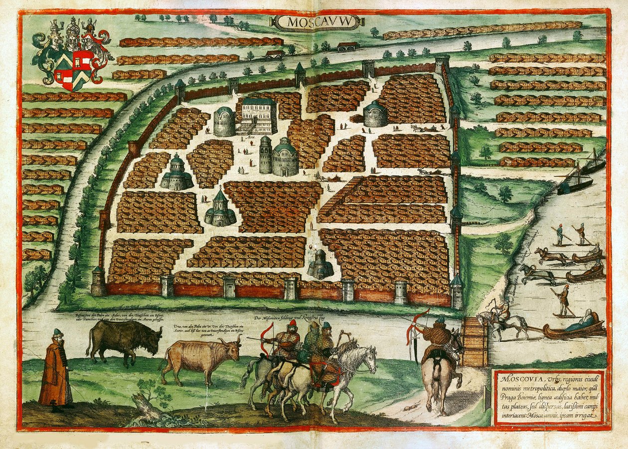 莫斯科地图（俄罗斯）--弗兰斯-霍根贝格（1535-1590 年）的作品，选自 Civitates orbis terrarium 的版画和水彩画 作者 弗朗兹·霍根伯格