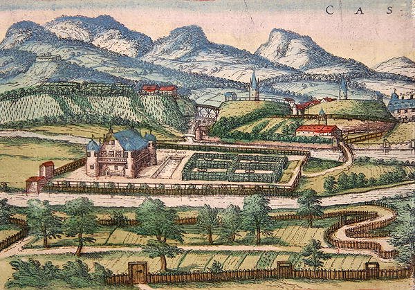 卡塞尔景色的细节，来自乔治-布劳恩编辑的《Civitates orbis terrarum》（彩色雕刻）。 作者 弗朗兹·霍根伯格