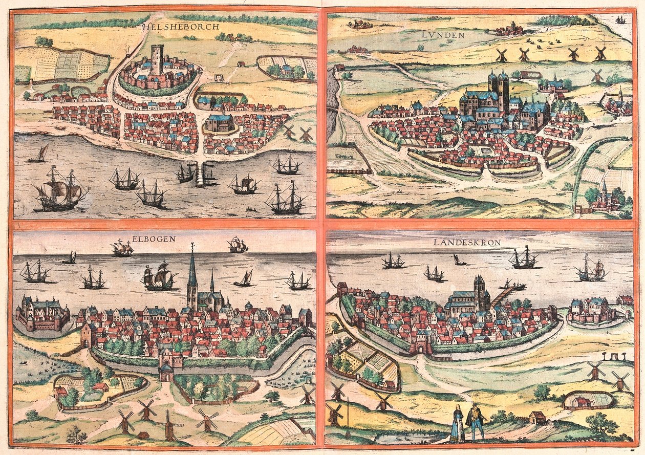Helsingborg, Lunden, Malmo and Landskrona (Sweden) (engraving 作者 弗朗兹·霍根伯格