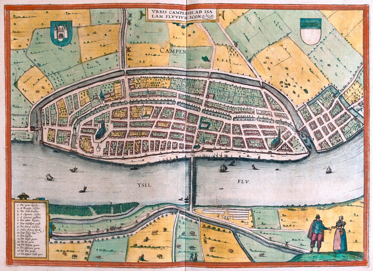 Kampen 和河 IJssel 或 Yssel，荷兰（雕刻 作者 弗朗兹·霍根伯格