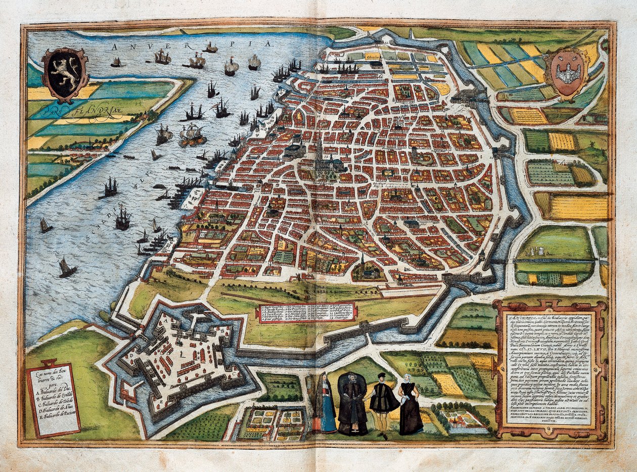 安特卫普地图，来自 "Civitates orbis terrarum"（彩色雕版）。 作者 弗朗兹·霍根伯格