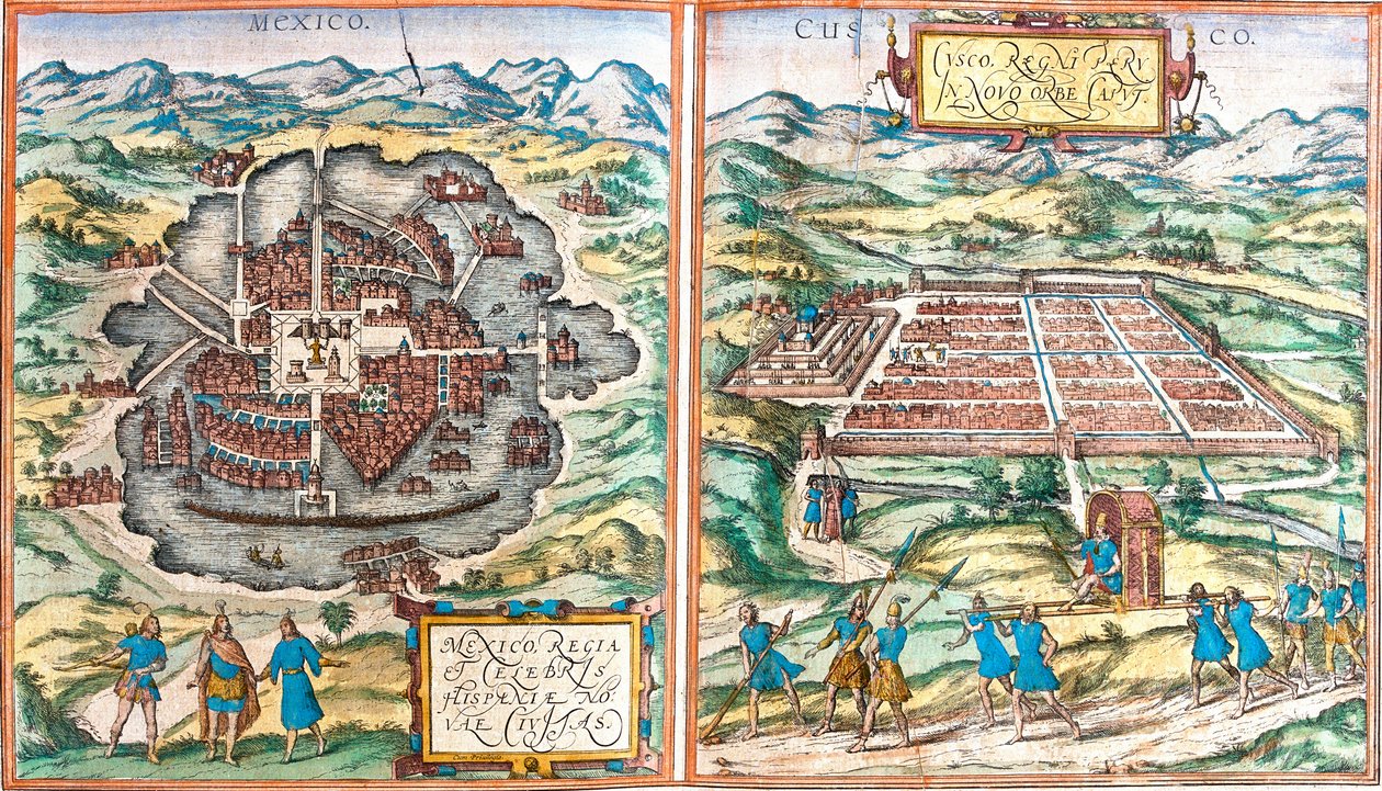 墨西哥 (Mexico) 和库斯科 (Cusco) (秘鲁) 地图（蚀刻 作者 弗朗兹·霍根伯格