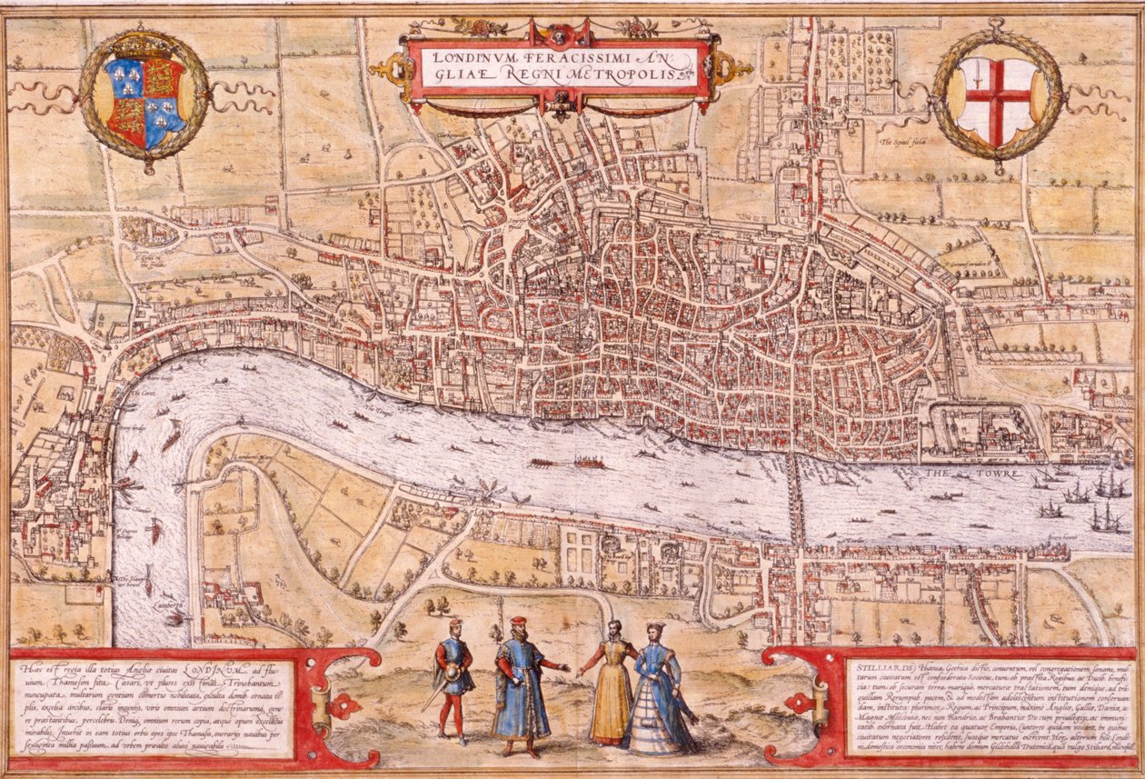 伦敦市、南华克和威斯敏斯特部分地区的地图，1572年 作者 弗朗兹·霍根伯格
