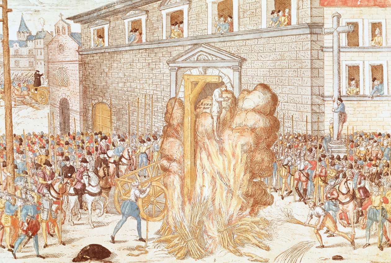 12 月 23 日，地方法官 Anne du Bourg 被判处绞刑，随后被焚尸。 作者 弗朗兹·霍根伯格