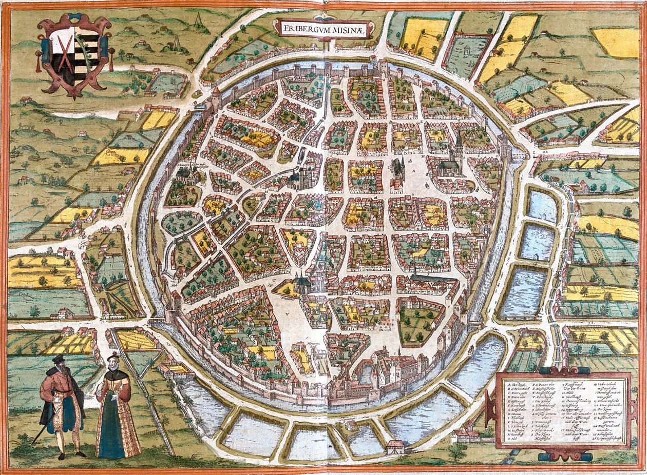德国弗莱贝格（Fribergum Misinae）的城市地图（蚀刻画 作者 弗朗兹·霍根伯格