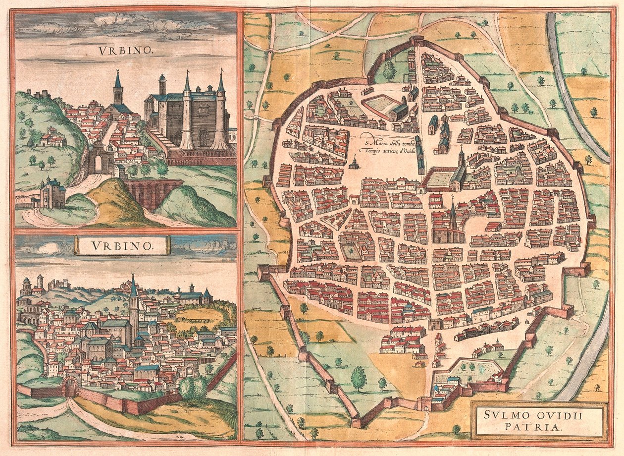 Urbino -and Sulmona, Italy (engraving 作者 弗朗兹·霍根伯格