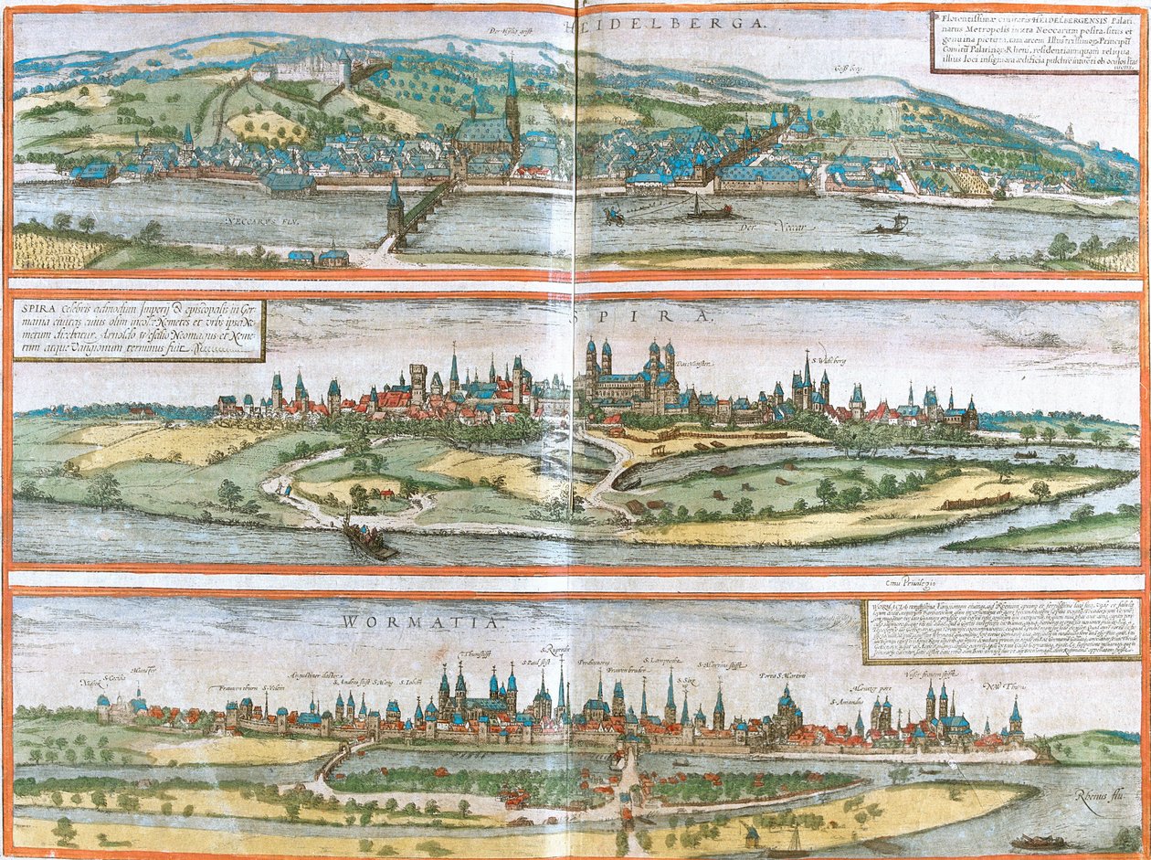 海德堡 (Heidelberga)、尖顶 (Spira) 和蠕虫 (Wormatia)，德国 (蚀刻 作者 弗朗兹·霍根伯格