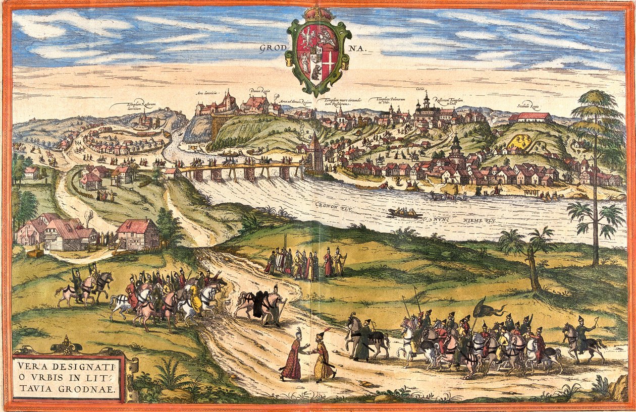赫罗德纳或格罗德诺 (Grodna)，白俄罗斯 (Belarus) 的视图（蚀刻 作者 弗朗兹·霍根伯格