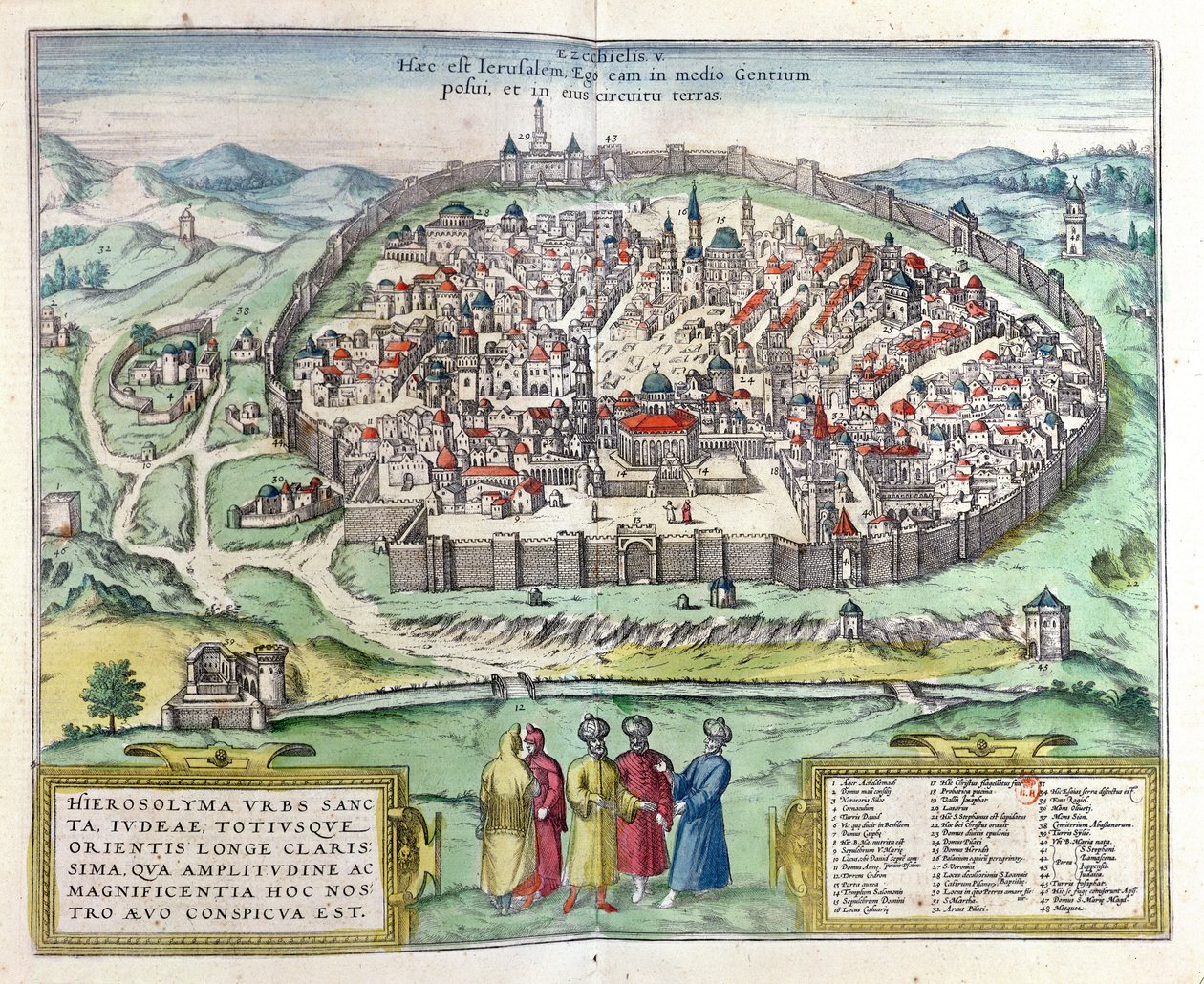 耶路撒冷的景色，来自Georg Braun的Atlas&39;Le Theatre des Cites du Monde&39;，1599年出版科隆（彩色版画） 作者 弗朗兹·霍根伯格