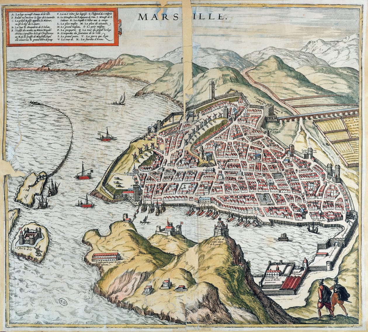 16世纪的马赛景观，显示左下方麻风病人的医院，来自Georg Braun的“LeThéâtreduMonde”，1599年 作者 弗朗兹·霍根伯格