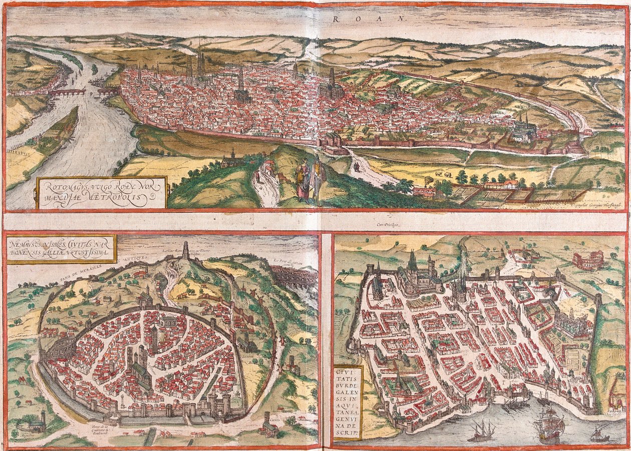 法国鲁昂（Rotomagus）、尼姆（Nemaus）和波尔多（Burdigala）的景色（蚀刻画 作者 弗朗兹·霍根伯格