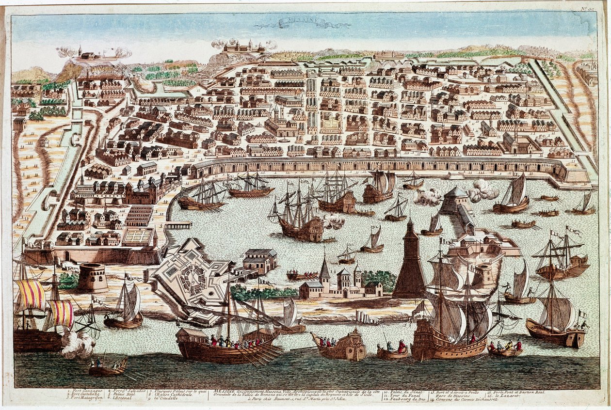 西西里岛墨西拿市的景色 - Franz Hogenberg（1535-1590）的雕刻，来自 Braun 和 Hogenberg 的“Civitatis Orbis Terranum” - 1594（西西里岛墨西拿市的景色 - Franz Hogenberg 的雕刻（1535-1590） ) 来自“” Civitatis Hobis Terran 作者 弗朗兹·霍根伯格