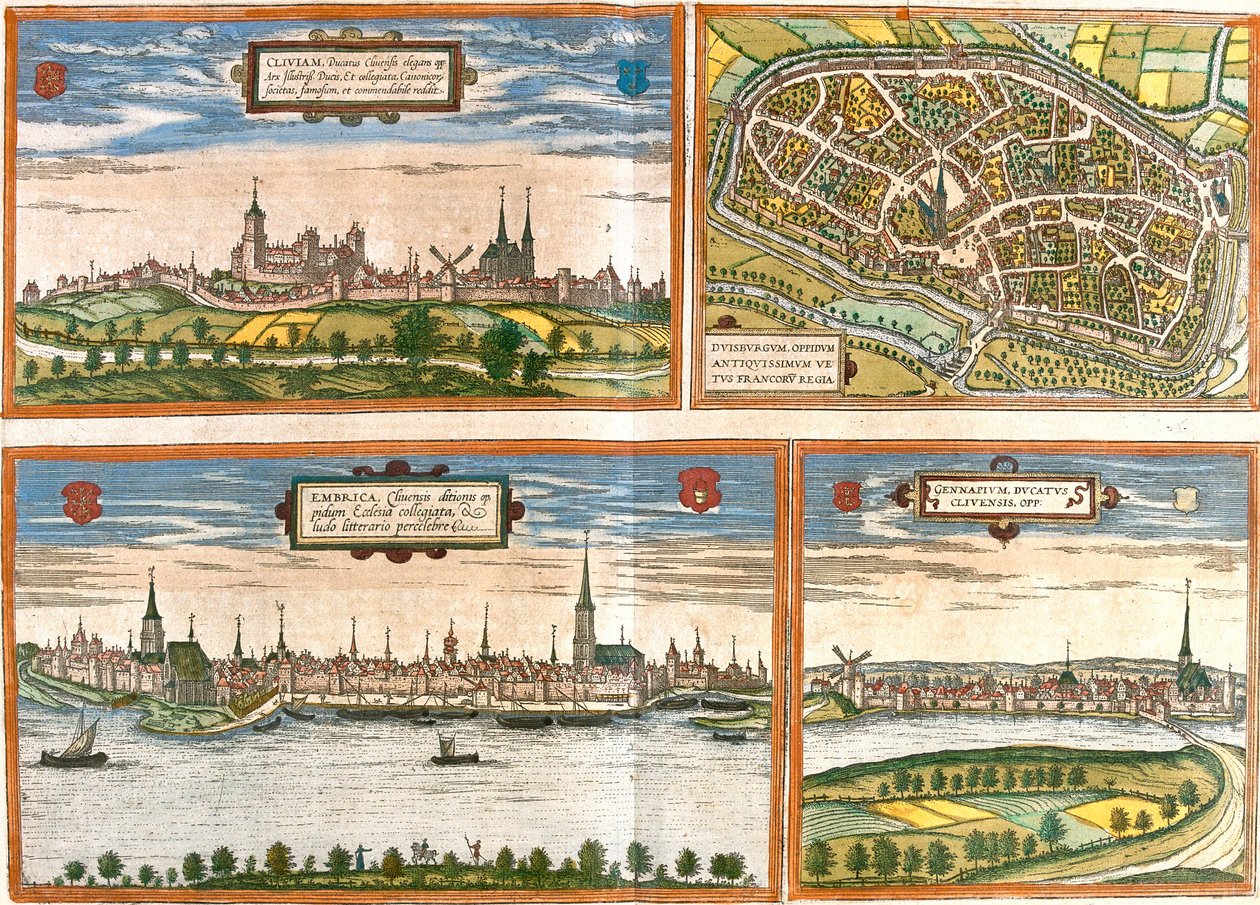 Views and plans of Cleves (Cliviam), Duisburg (Duisburgum), Emmerich am Rhein (Embrica) in Germany and Genappe in Belgium (etching 作者 弗朗兹·霍根伯格