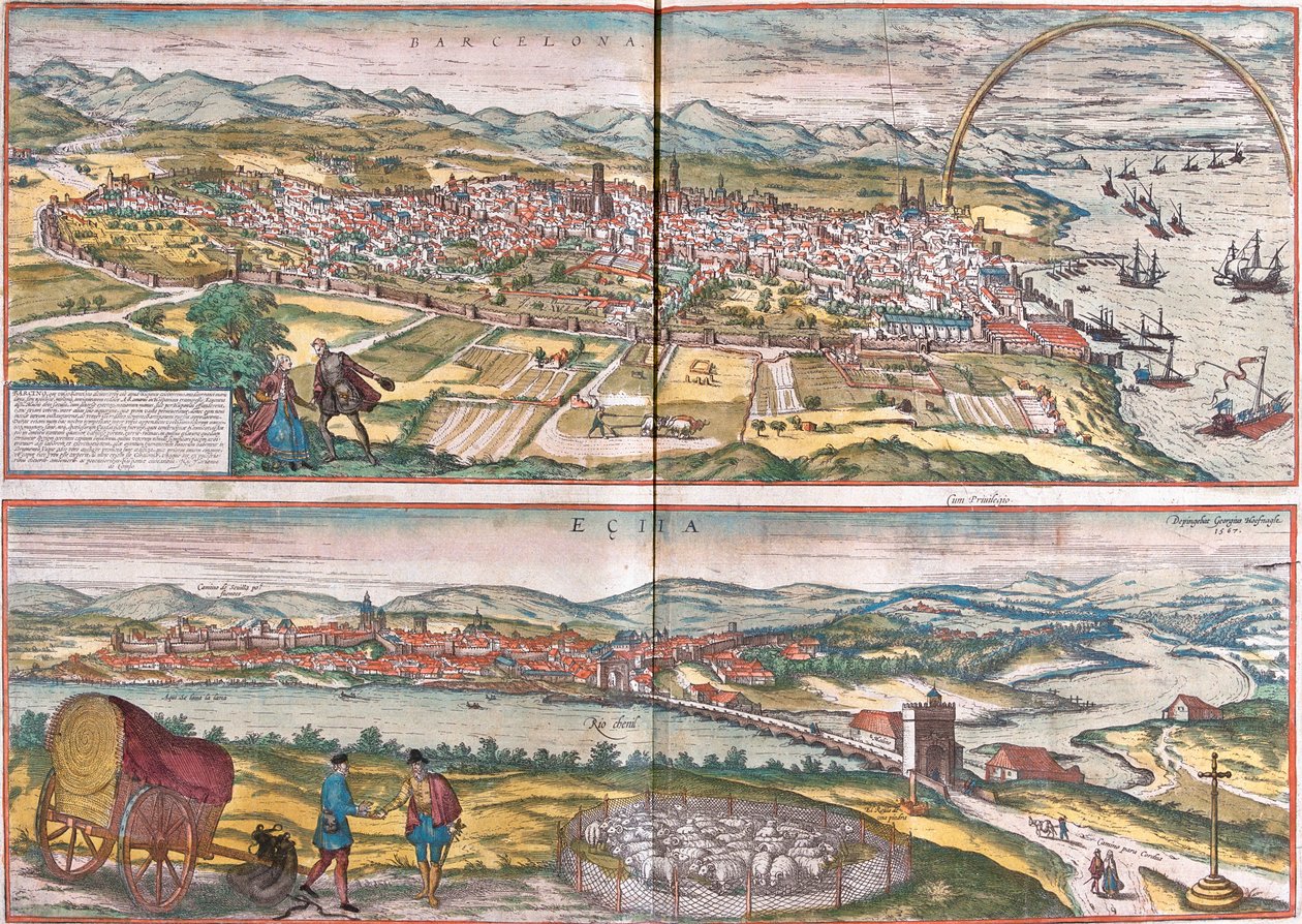西班牙巴塞罗那和 Ecija (Eciia) 的景色（蚀刻 作者 弗朗兹·霍根伯格