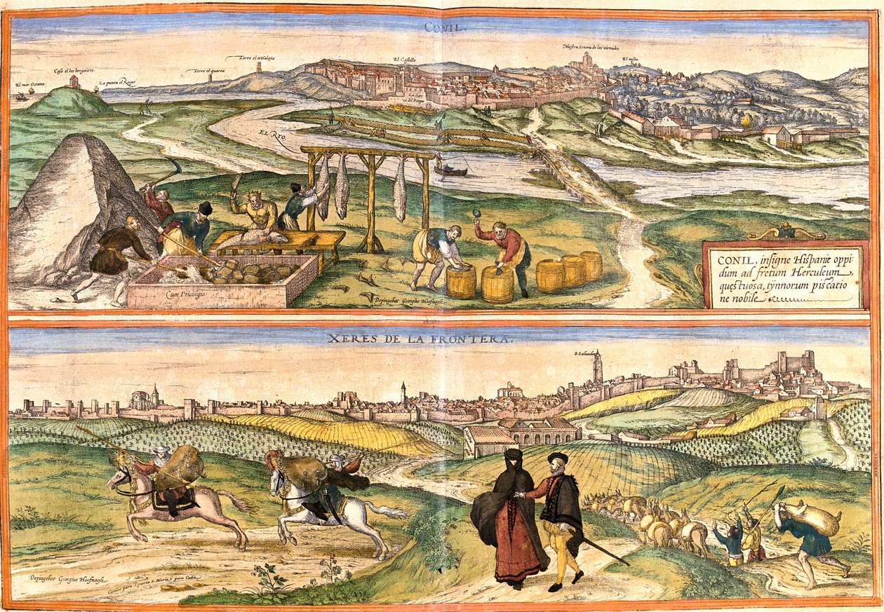 Conil de la Frontera (Conil) 和 Xeres (Xeres de la Frontera) 的景色，西班牙（蚀刻 作者 弗朗兹·霍根伯格