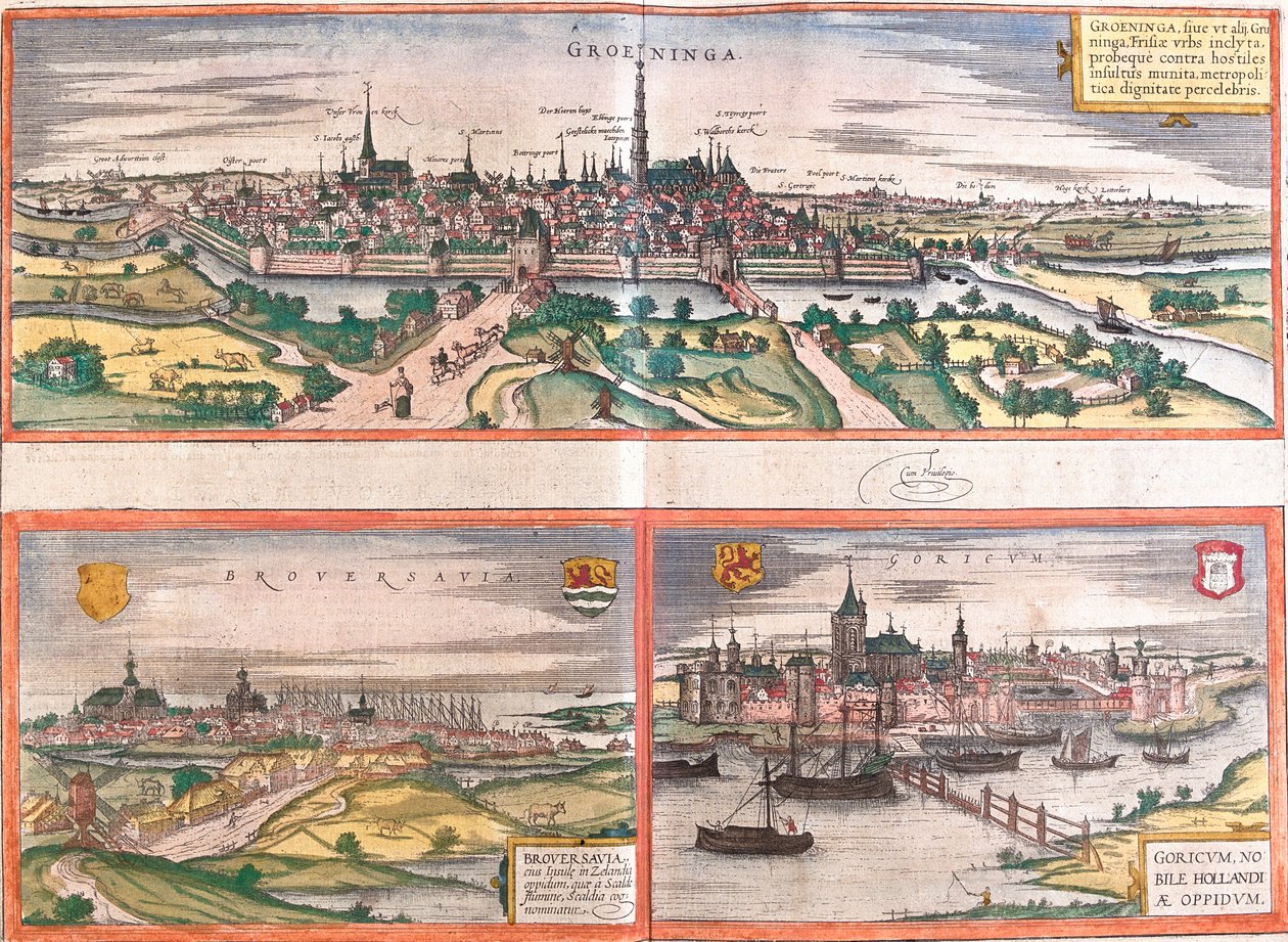 荷兰格罗宁根 (Groeninga)、Brouwershaven (Broversavia) 和 Gorinchem (Goricum) 的景色（蚀刻 作者 弗朗兹·霍根伯格