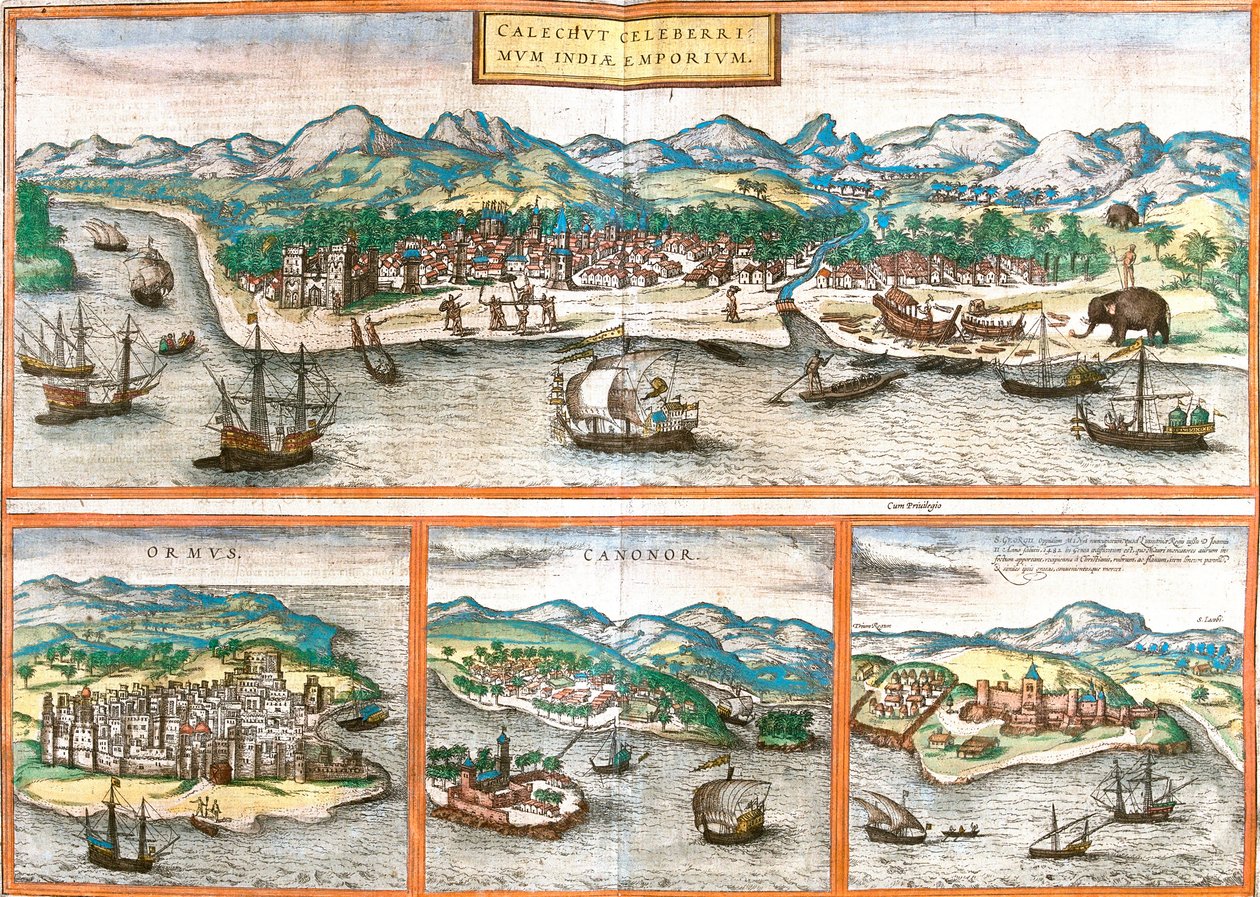 Kozhikode 或 Calicut (Calichut)（印度）、Ormuz（Ormus）（伊朗）、Cannanore 或 Kannur（Canonor）（印度）和矿山圣乔治（S. Georgii）或 Elmina（加纳）的景色 作者 弗朗兹·霍根伯格