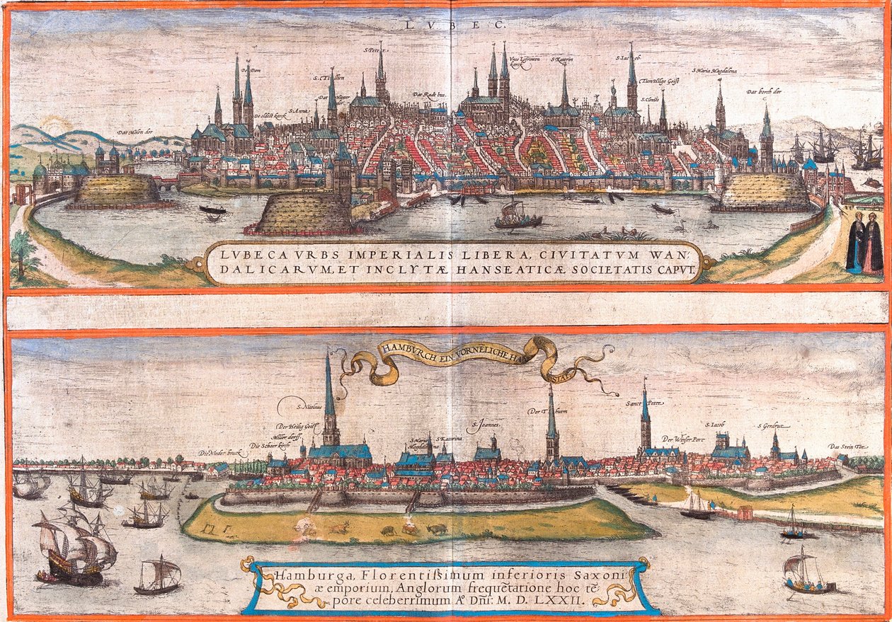 德国吕贝克 (Lubeca) 和汉堡 (Hamburga) 的景色（蚀刻 作者 弗朗兹·霍根伯格