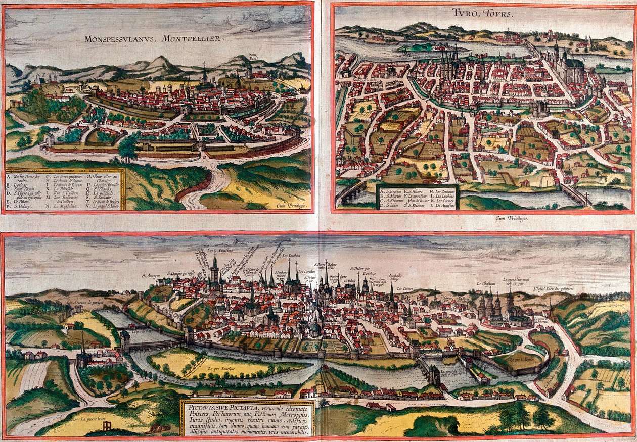 法国蒙彼利埃 (Monspessulanus)、图尔 (Turo) 和普瓦捷 (Pictavis) 的景色（蚀刻 作者 弗朗兹·霍根伯格