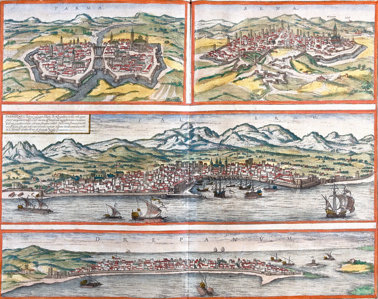 Views of Parma (Parma), Siena (Sena), Palermo (Panhormus) and Trapani (Drepanum) (Sicily), Italy (etching 作者 弗朗兹·霍根伯格