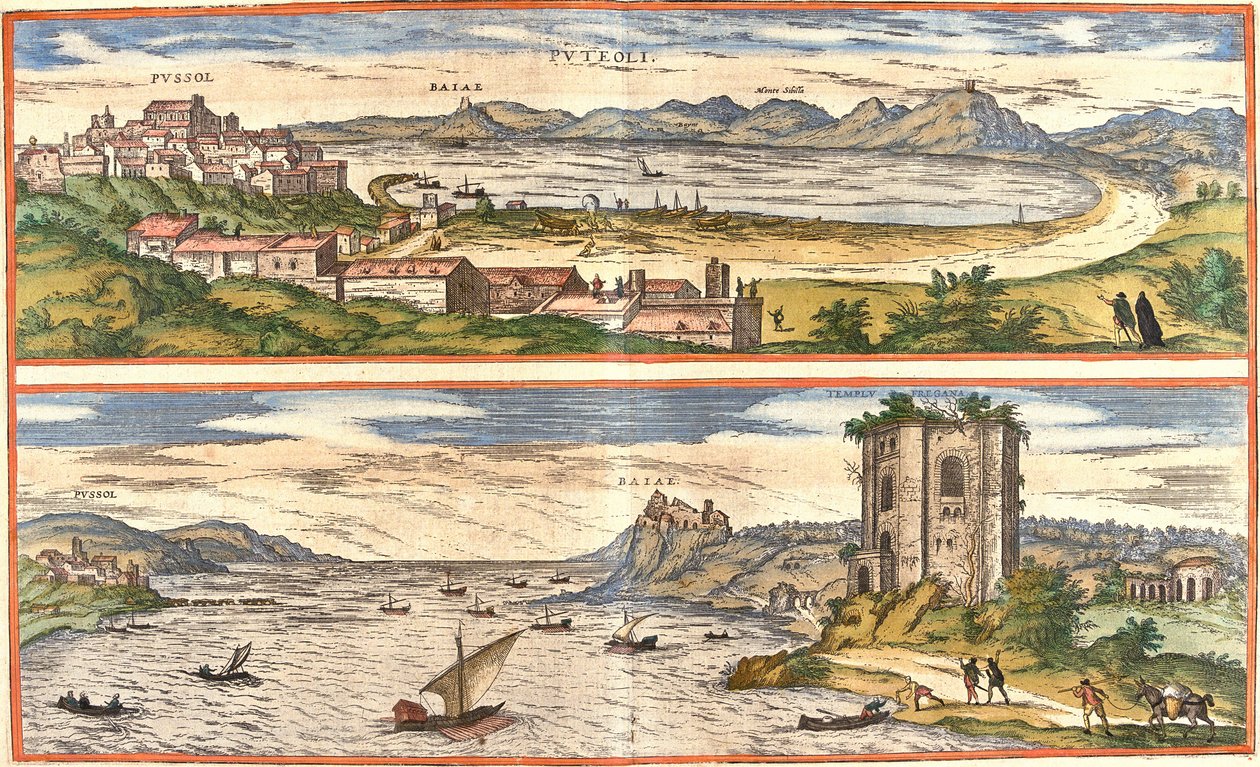 意大利波佐利 (Puteoli) 和海湾 (Baiae)（今巴亚）的景色，拥有那不勒斯湾温泉浴场的古老遗迹和堡垒（蚀刻 作者 弗朗兹·霍根伯格