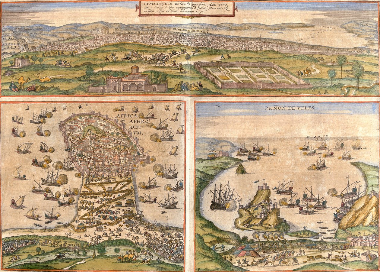 Views of Tunis (Tunes) and Mahdia (Aphrodisium) in Tunisia, and Penon de Velez de la Gomera or Badis (Bades) (Penon de Veles), penon de Veles, disputed between Spain and Morocco (etching 作者 弗朗兹·霍根伯格