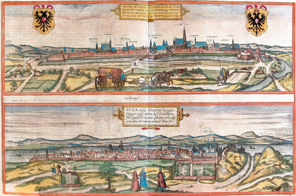 维也纳 (Vienna)、奥地利和布达佩斯 (Buda)、匈牙利 (蚀刻 作者 弗朗兹·霍根伯格