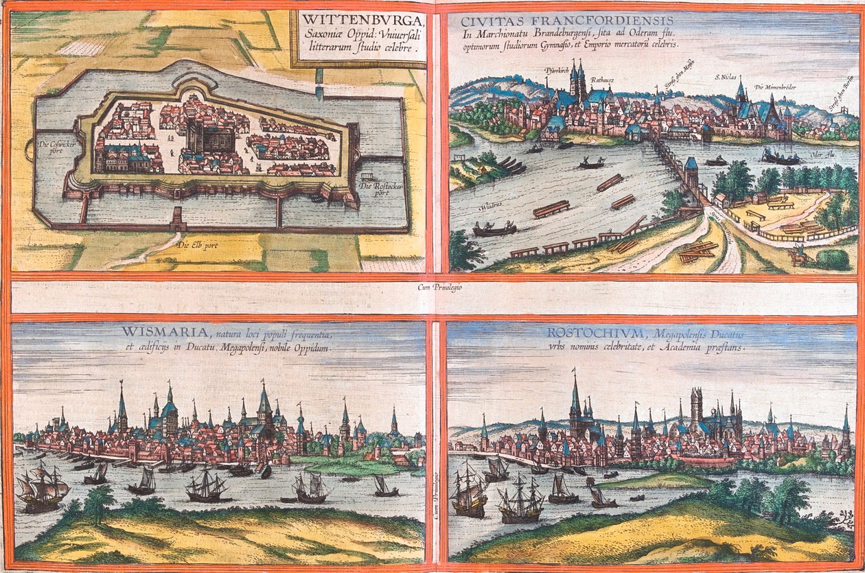 Views of Wittenburg (Wittenburga), Frankfurt (Francfordiensis), Wismar (Wismaria) and Rostock (Rostochium), Germany (etching 作者 弗朗兹·霍根伯格