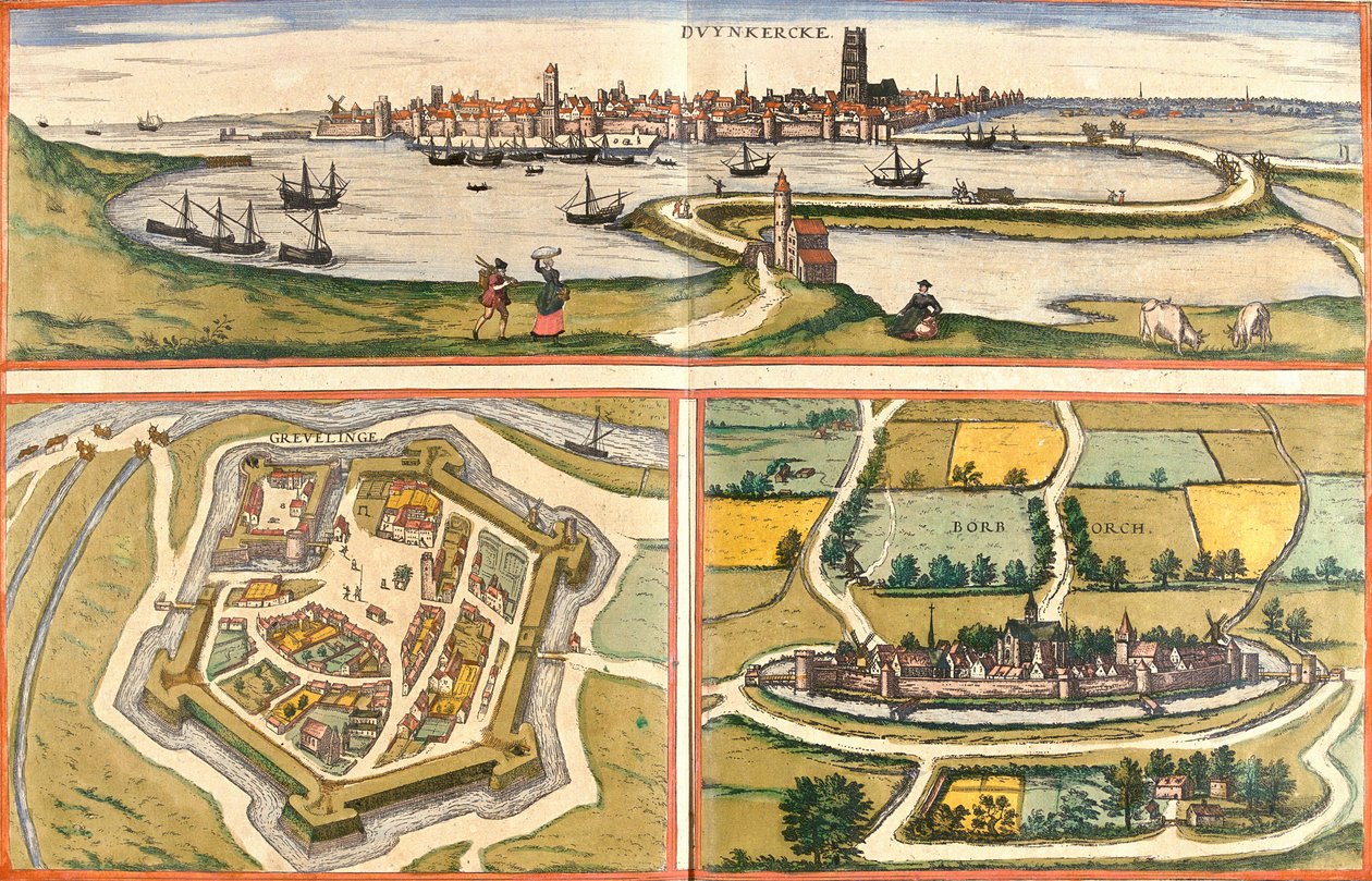 法国敦刻尔克（Duynkercke）、格雷维林（Grevelinge）和布尔堡（Borborch）的风景（蚀刻画 作者 弗朗兹·霍根伯格